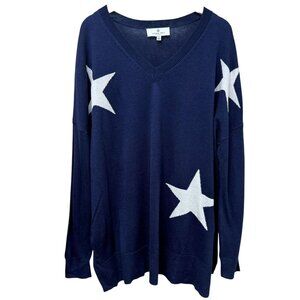 LAURIE FELT Star Sweater XL Navy Blue Rayon Cashmere Blend Womens Pullover VNeck